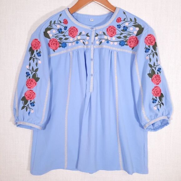 Women's Floral Embroidered Tunic Top Size Small Pleated CottageCore Blue - Picture 11 of 16